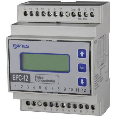 Dispositivo elettronico per il monitoraggio dell'energia elettrica con display e comandi; connettori superiori e inferiori per il cablaggio.