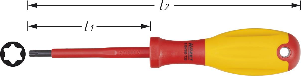 Un cacciavite con impugnatura isolata, con profilo a stella sulla punta. Due linee di misurazione 'l1' e 'l2' mostrano lunghezze diverse.