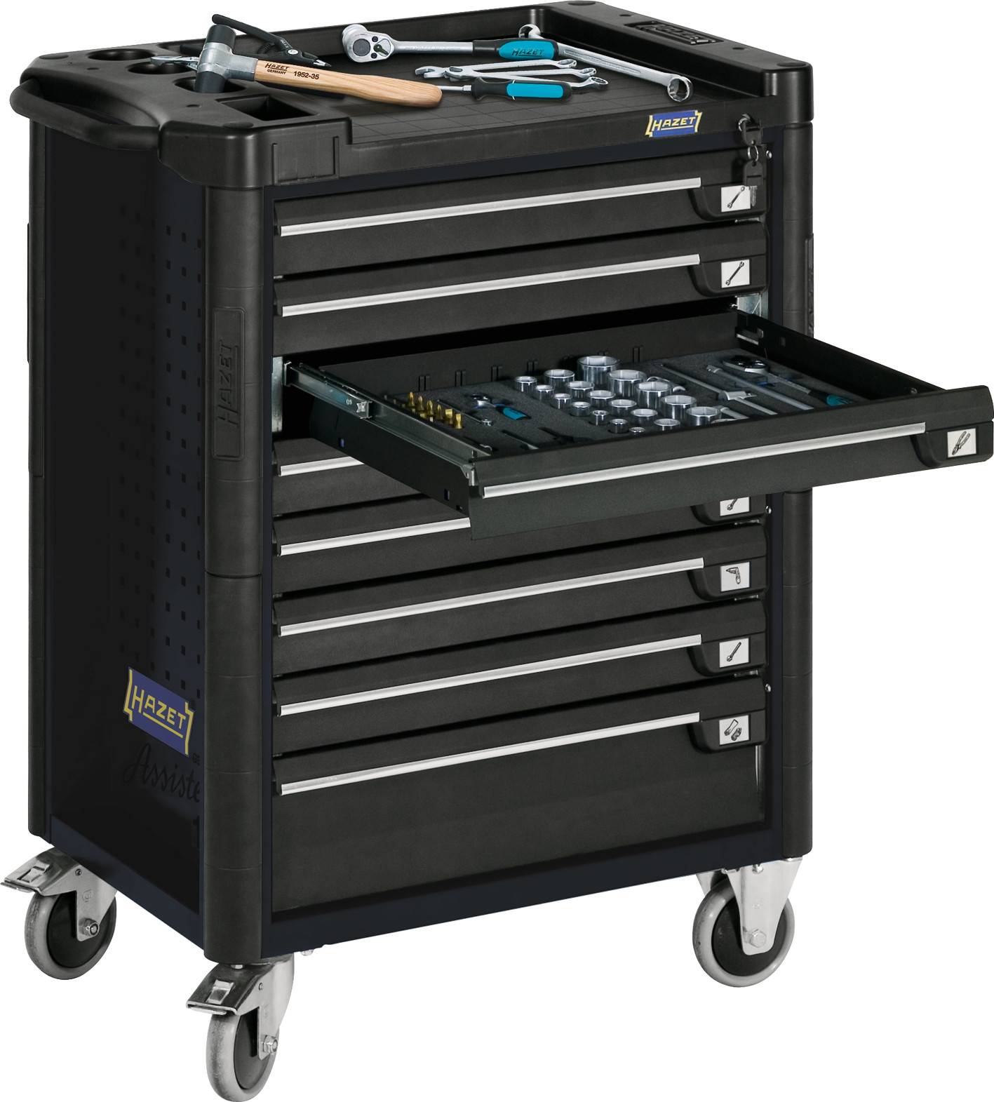 Carrello porta attrezzi nero con cinque cassetti su ruote, parzialmente aperti, riempiti con vari utensili, con un martello e un cacciavite adagiati in cima.