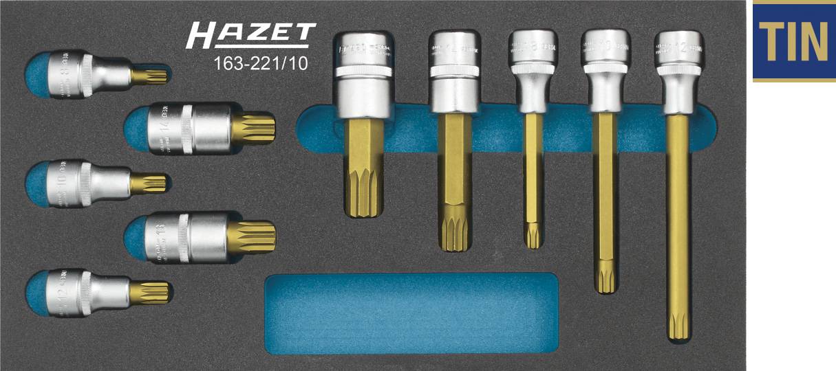 'Set di chiavi a bussola HAZET con inserti Torx e prolunga, codice articolo 163-221/10, in un supporto su misura, contrassegnato a destra con 'TIN''
