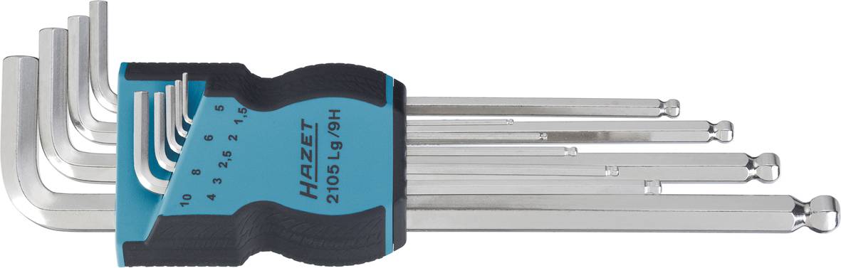 Un set di nove chiavi esagonali (brugole) a forma di L in diverse misure, allineate in un supporto blu con la scritta 'HAZET'.
