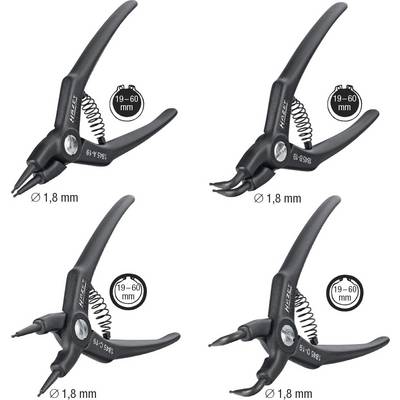 Quattro pinze per anelli elastici di colore nero con punte diverse: per anelli interni ed esterni, diritte e curve. Campo di apertura 19-60 mm, diametro 1,8 mm.