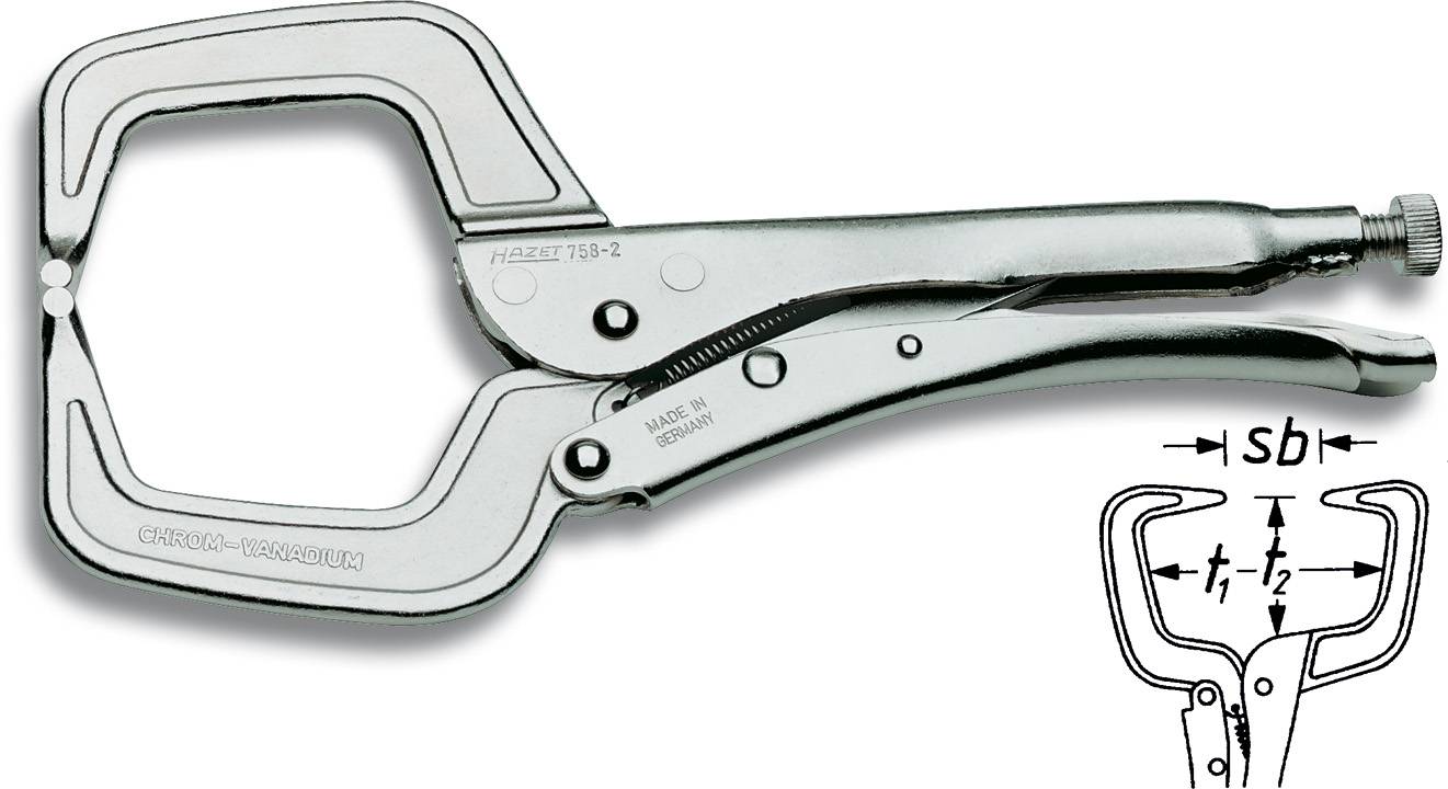 Grande braccio di presa a forma di C con meccanismo a vite e leva. A destra un disegno tecnico con misure 'Sb', 't1', 't2'.
