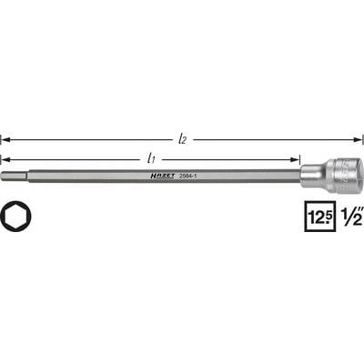 Inserto per bit esagonale lungo Hazet con dimensione 1/2" e 12,5 mm. I contrassegni indicano le lunghezze 'l1' e 'l2'.