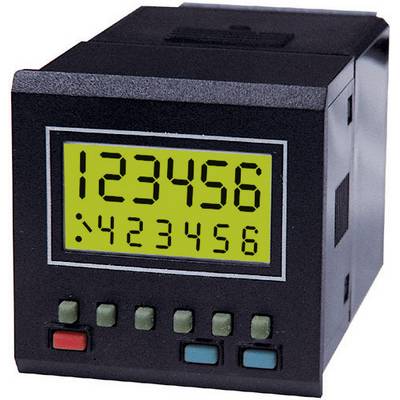 Timer digitale con display LCD che mostra i numeri '123456' in alto e '423456' in basso. Sotto sono presenti quattro tasti colorati.