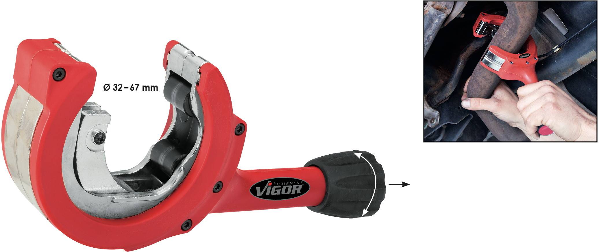Tagliatubi rosso-nero, montato su tubo. Testo 'Ø 32–67 mm'. Illustra l'applicazione durante il taglio di un tubo.