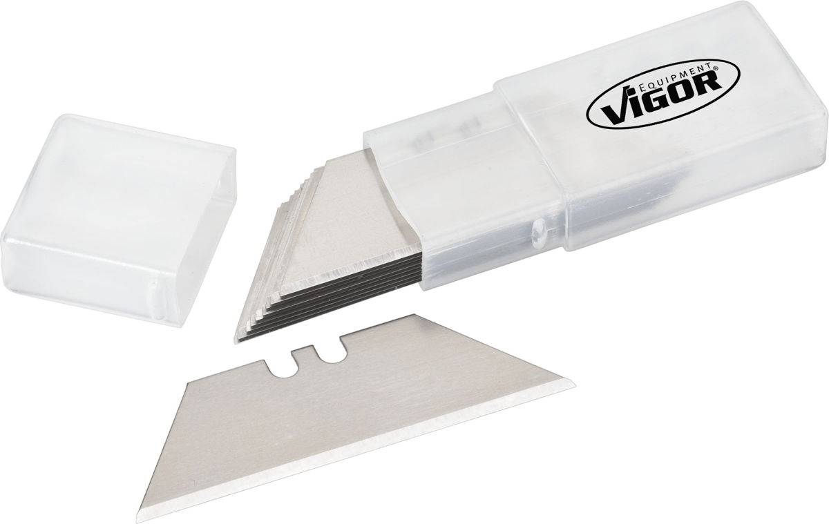 Diverse lame di ricambio in metallo sono conservate in una scatola di plastica trasparente con su scritto 'Vigor'. Una lama è posizionata all'esterno.
