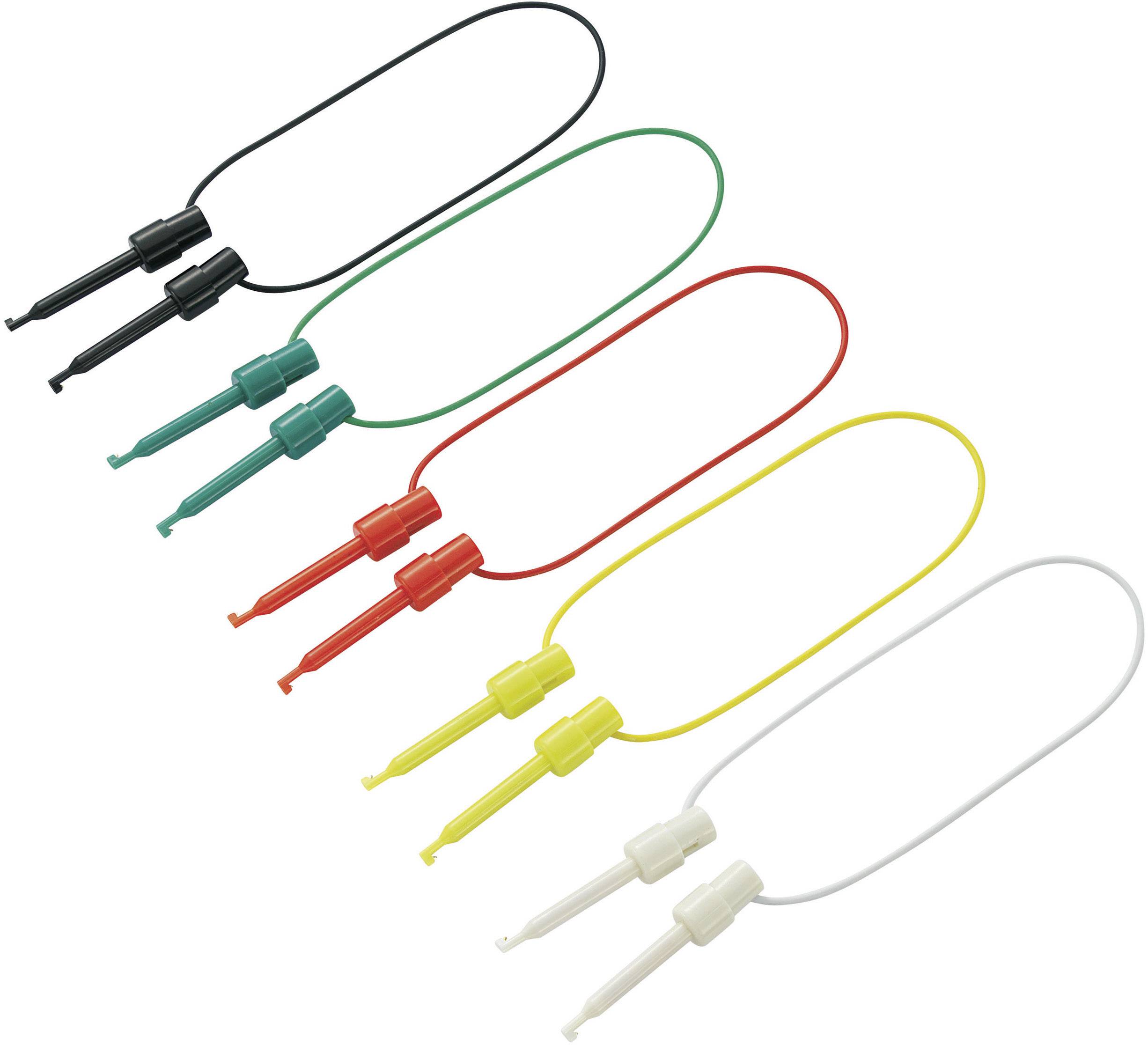 Cinque cavi di test in colori diversi (nero, verde, rosso, giallo, bianco) con morsetti a coccodrillo alle estremità sono disposti uno accanto all'altro.