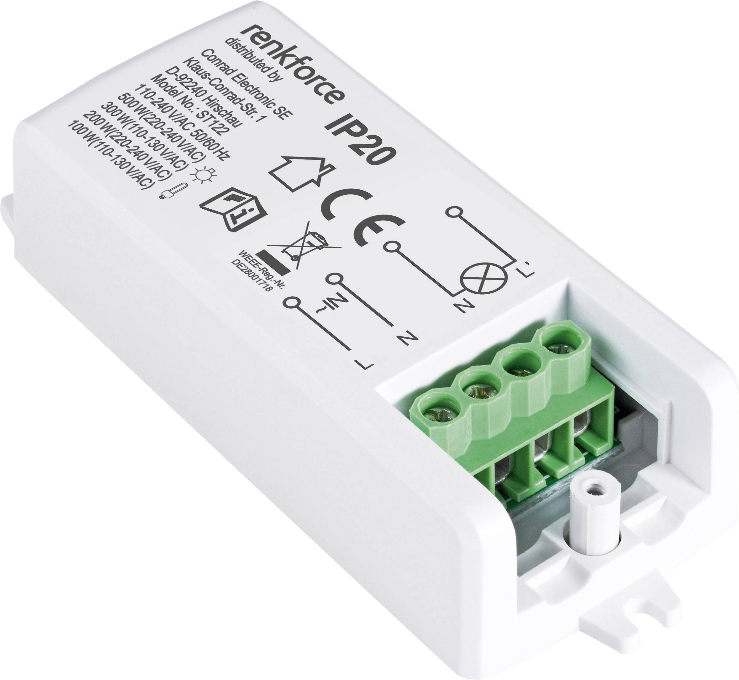Alimentatore IP20 bianco con morsettiera verde, specifiche e simboli per elettronica domestica o per ufficio.