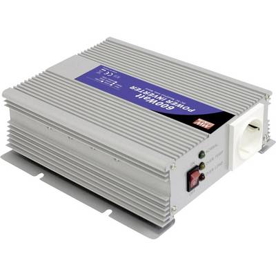 Convertitore di tensione grigio-argento con interruttore rosso, spia di funzionamento verde e presa EU, adatto per una potenza di 600 watt.