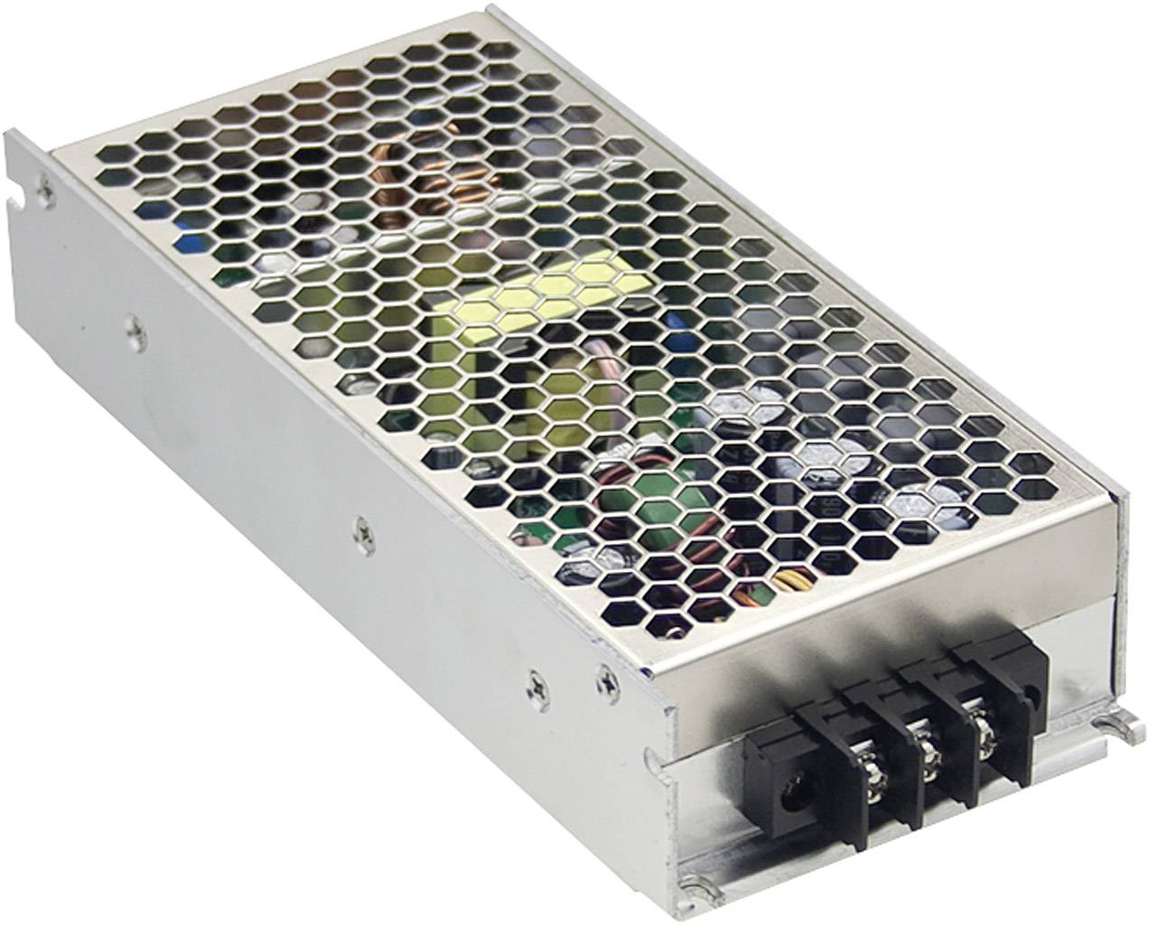 Alimentatore rettangolare argentato con copertura a nido d'ape che protegge i componenti elettronici. Utilizzato nei dispositivi elettronici per l'alimentazione elettrica.