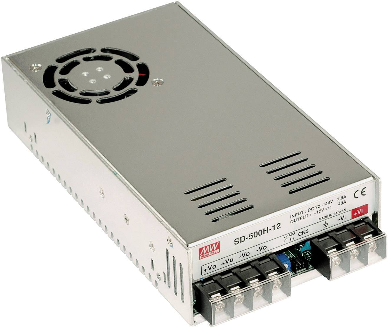 Alimentatore metallico con ventola, modello 'SD-500H-12', per dispositivi elettrici. Comprende punti di connessione per cavi positivi e negativi.