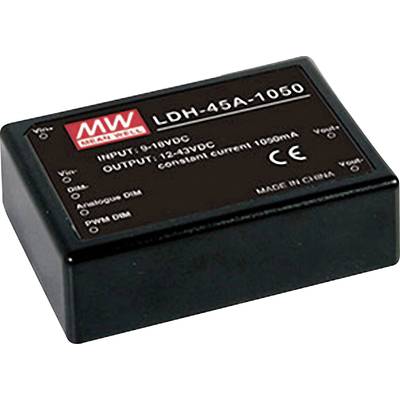 Convertitore elettronico rettangolare con scritta 'MEAN WELL LDH-45A-1050', parametri di ingresso e uscita.