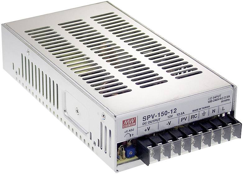 Alimentatore switching metallico con feritoie di ventilazione. Modello 'SPV-150-12', ingressi e uscite etichettati. Marchio visibile.