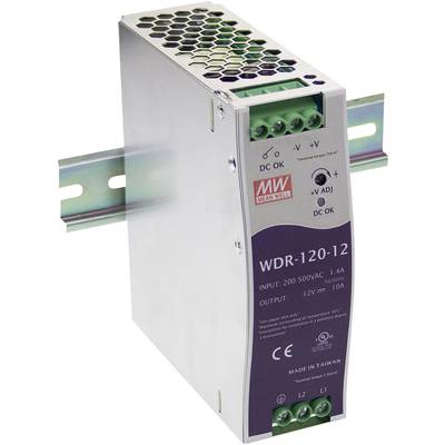 Alimentatore switching montato su guida DIN. Modello WDR-120-12 di MW. Valore di ingresso: 200-500VAC, uscita: 12VDC, 10A.