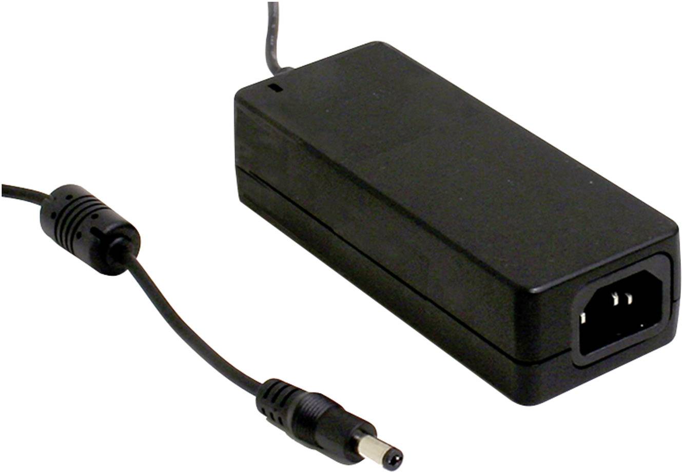 Un alimentatore nero con un cavo di alimentazione e una spina, utilizzato per l'alimentazione di dispositivi elettronici.