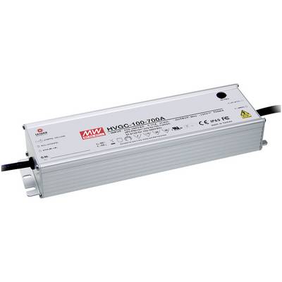 Alimentatore rettangolare argentato di un impianto di illuminazione con la scritta 'HVGC-100-700A' e diversi simboli tecnici.