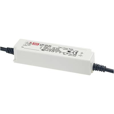 Un alimentatore rettangolare con la scritta 'Mean Well LPF-25-24'. Ha connettori su entrambe le estremità e vari simboli di sicurezza e certificazione.