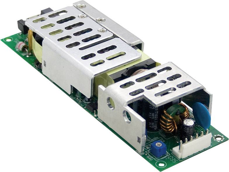 'Unità di alimentazione elettrica in metallo con fessure di ventilazione, montata su una scheda verde con componenti elettronici.'