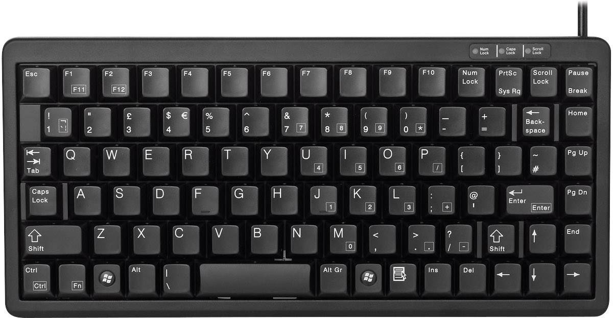 Tastiera nera per computer con layout compatto. La prima fila superiore contiene i tasti funzione, sotto di essa il tastierino QWERTZ e i tasti di navigazione a destra.
