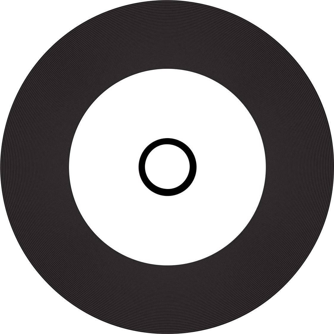 Un'immagine di un disco in vinile nero con centro bianco e un piccolo cerchio nero al centro, che mostra il design classico del disco.