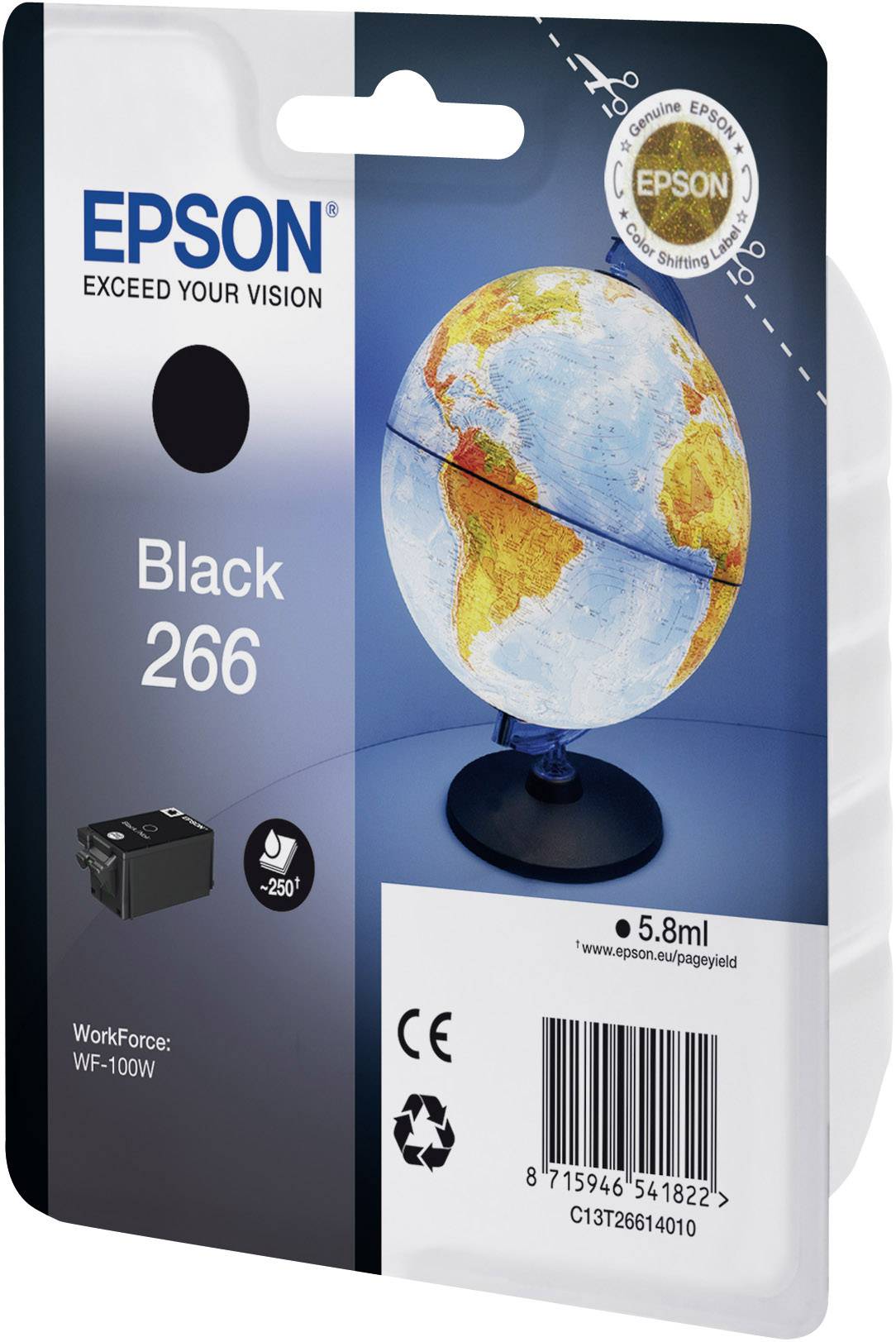 Cartuccia per stampante 'Epson Black 266', raffigurante un globo terrestre. Contenuto: 5,8 ml. Compatibile con WorkForce WF-100W. Certificazione CE.
