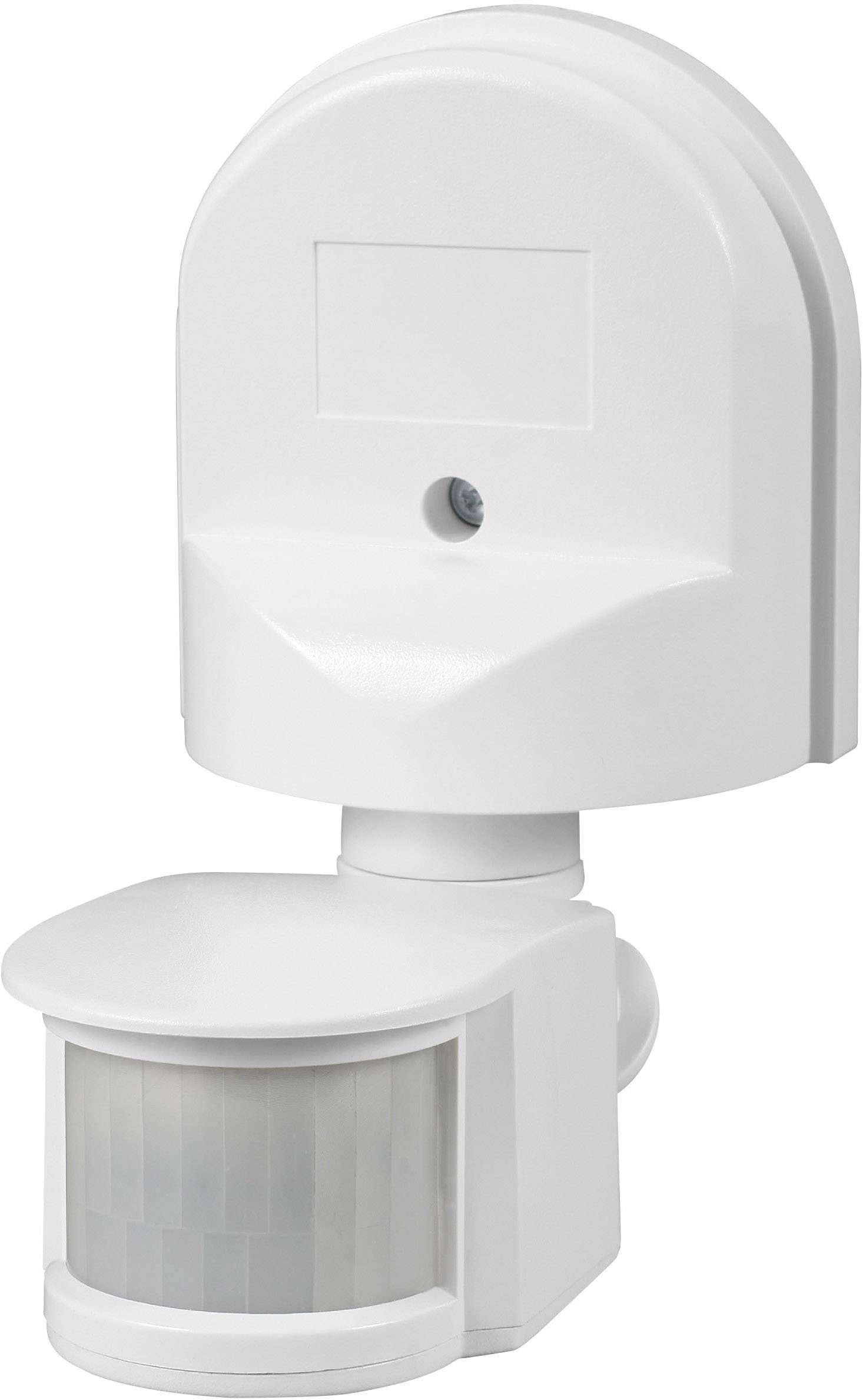 Rilevatore di movimento bianco con involucro arrotondato e sensore frontale. Strumento per sistemi di sicurezza o controllo dell'illuminazione.