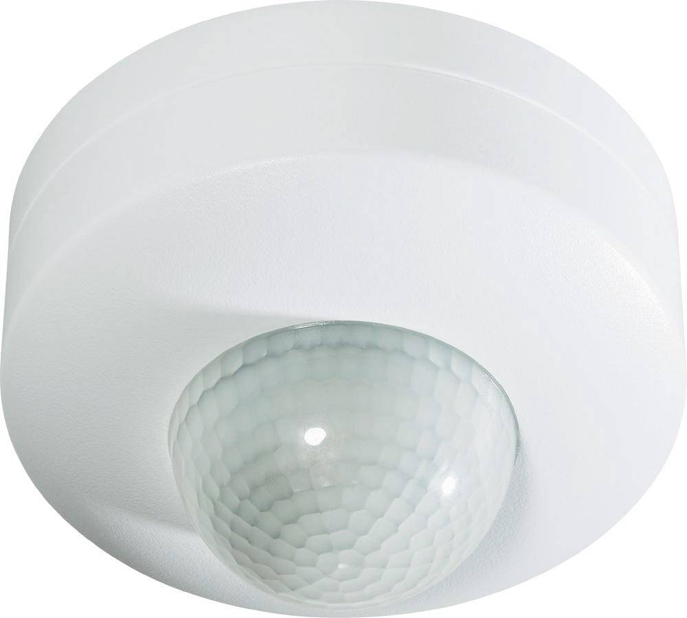 Rilevatore di movimento da soffitto bianco con sensore centrale arrotondato a forma di cupola.