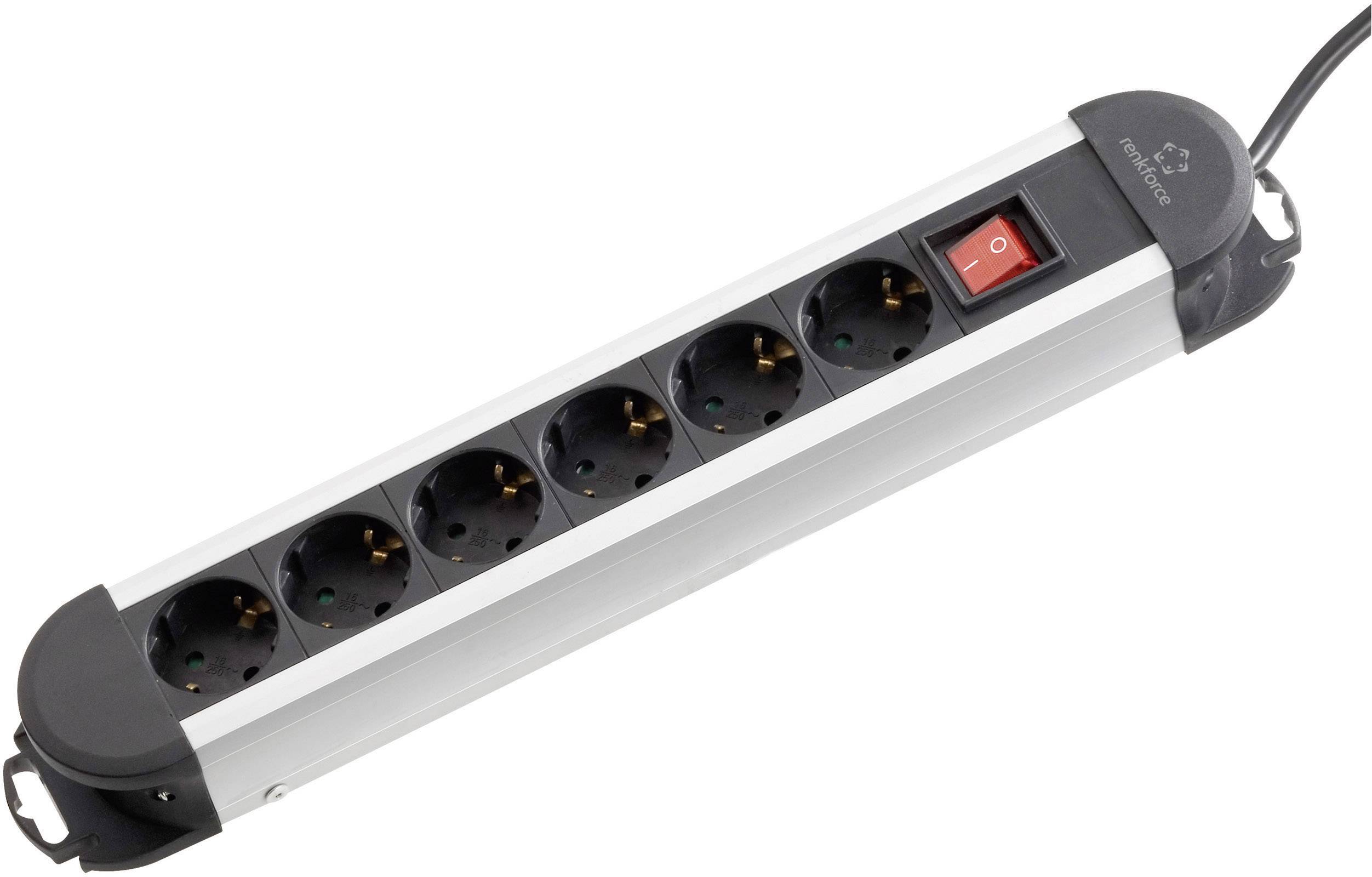 Multipresa a 6 posti con involucro in alluminio, interruttore basculante e cavo nero, idonea per l'ampliamento delle connessioni elettriche.