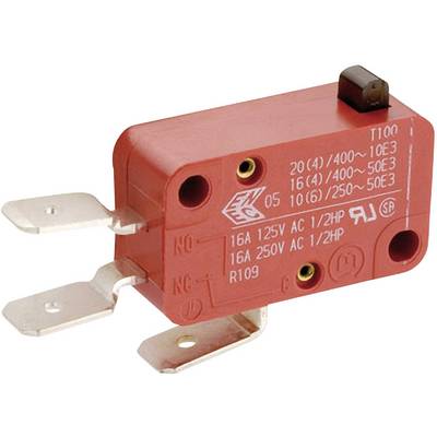 Interruttore rosso con contatti metallici. La marcatura mostra le specifiche tecniche: '20(4)/400~', '16A 125V/250V AC', ulteriori indicazioni.