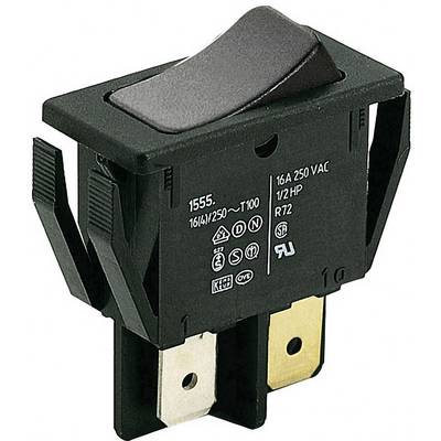 Interruttore a bilanciere nero con stampe tecniche e contatti metallici dorati, idoneo per carichi fino a 16A/250VAC.