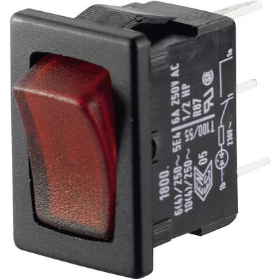 Un interruttore a levetta rosso con bordi neri e alloggiamento contrassegnato con specifiche elettriche.