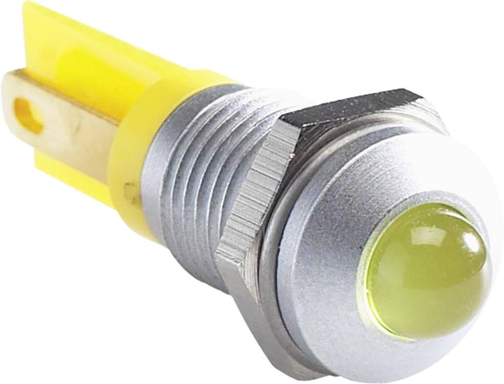 Un indicatore LED rotondo giallo con cornice metallica, adatto a segnalare lo stato operativo in dispositivi elettronici.