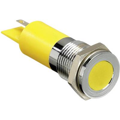 Bottone giallo, rotondo, con cornice metallica e filettatura a vite, probabilmente un interruttore o un pulsante per dispositivi elettronici.