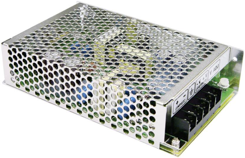 Un involucro metallico rettangolare per alimentatore con diversi morsetti sul lato destro. Presenta fori di ventilazione per il raffreddamento.