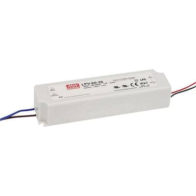 Un alimentatore rettangolare bianco con designazione modello 'LPV-60-36' di Mean Well. Adatto per applicazioni LED, certificato IP67.