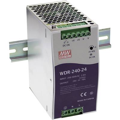 Alimentatore industriale Mean Well, modello WDR-240-24, montato su guida DIN. Ingresso: 200-500 VAC, uscita: 24V/10A.