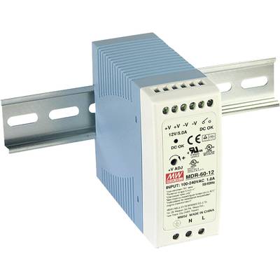 Alimentatore 'Mean Well' MDR-60-12 montato su guida DIN, offre un'uscita DC di 12V/5A con tensione di ingresso di 100-240VAC.