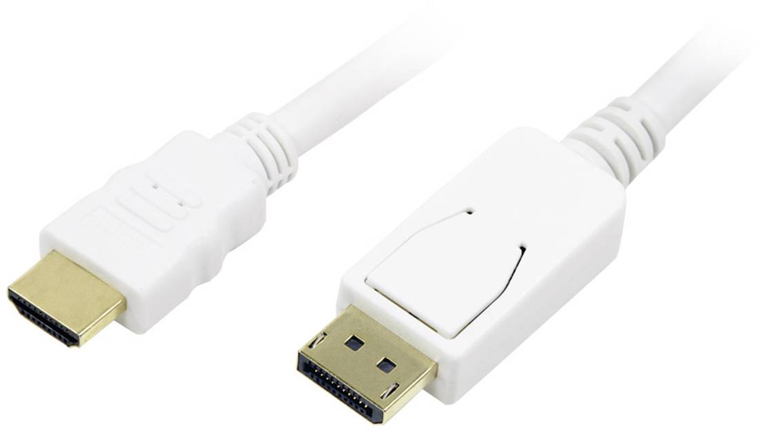 Un cavo bianco con un connettore HDMI sul lato sinistro e un connettore DisplayPort sul lato destro.
