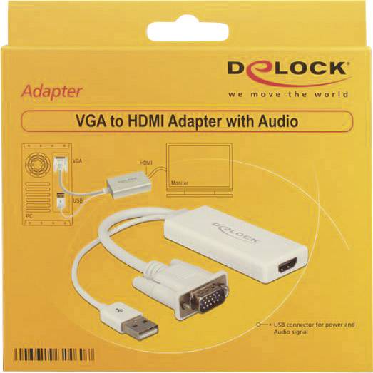 Confezione dell'Adattatore da VGA a HDMI con Audio, che mostra l'adattatore con connettori VGA, HDMI e USB, illustrato con un diagramma di connessione.