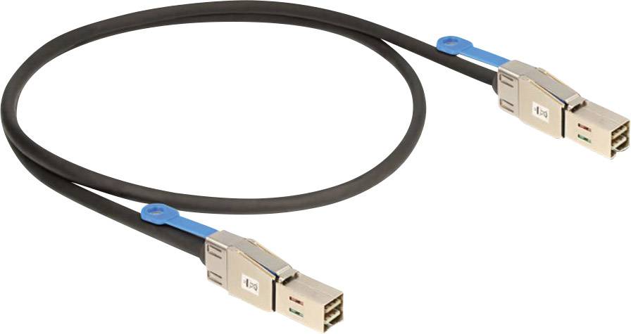 Un cavo nero con clip blu e connettori argentati alle estremità, probabilmente un cavo dati o di collegamento.