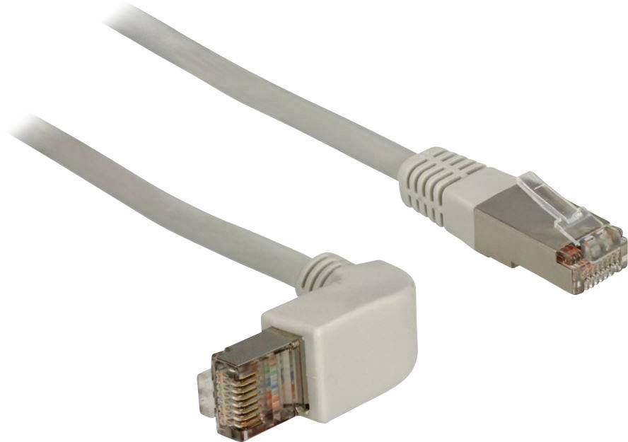 Un cavo Ethernet grigio con un connettore ad angolo e un connettore dritto, adatto per connessioni di rete.