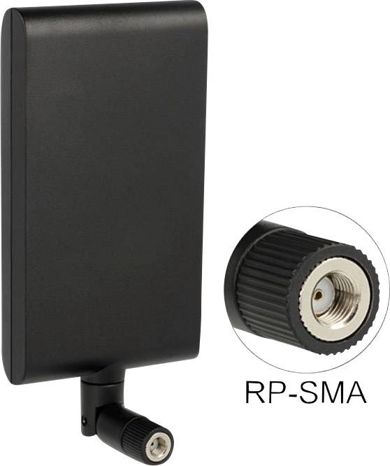 Un'antenna nera, rettangolare, con connettore RP-SMA, compatibile con dispositivi Wi-Fi; viene mostrata una vista dettagliata del connettore.