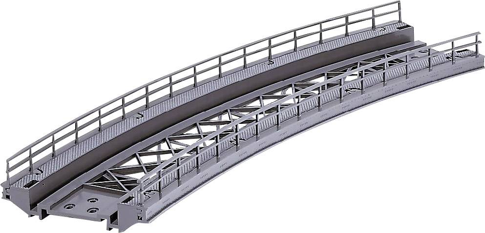 Un ponte modello grigio e curvo con griglie e ringhiere, probabilmente utilizzato per paesaggi in miniatura o progetti architettonici.