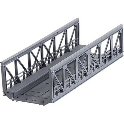 Modello grigio di un ponte ferroviario con griglie reticolari laterali.