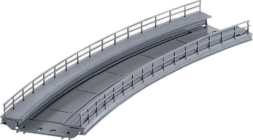 Un binario di un modello ferroviario curvo con ringhiere sopraelevate, che potrebbe far parte di un sistema di percorso più ampio.