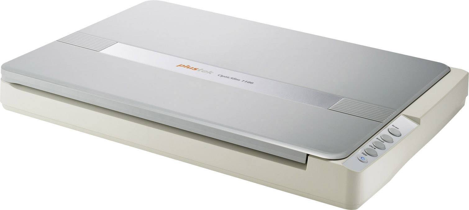 Scanner piatto con involucro grigio e coperchio argentato. Sul lato destro sono presenti i tasti di controllo sull'alloggiamento.