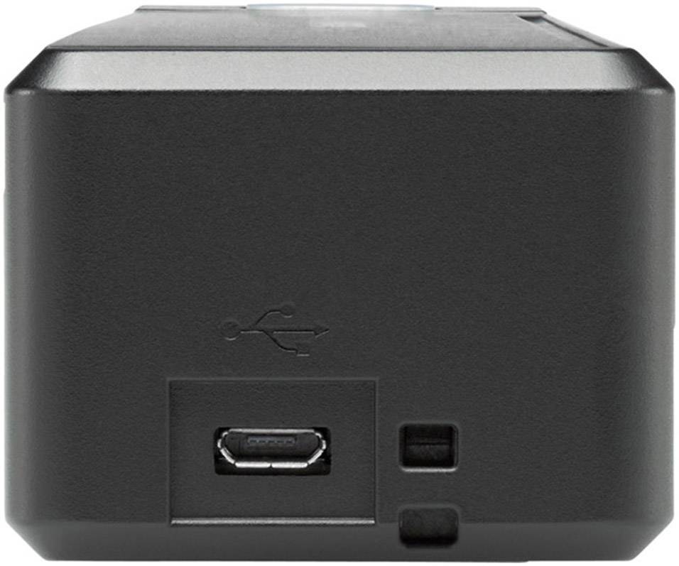 Dispositivo elettronico nero con porta USB sul lato, simboleggiato da un simbolo USB sopra la porta.