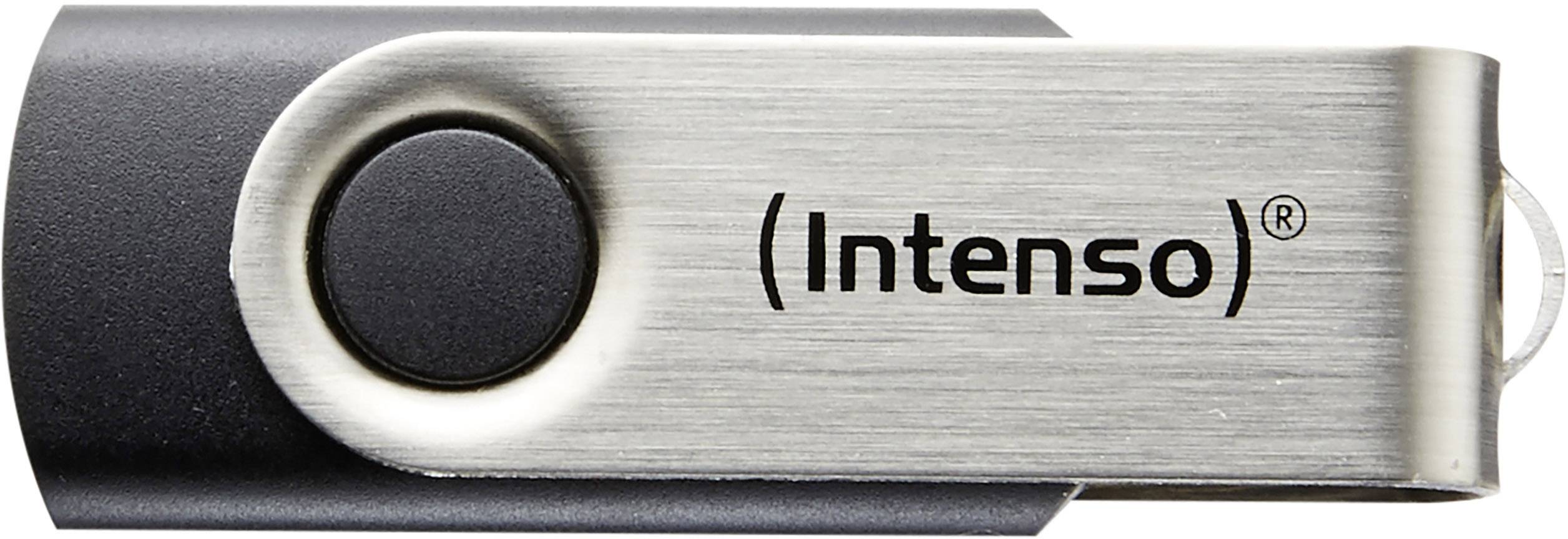 Una chiavetta USB d'argento con cappuccio nero e il logo del marchio 'Intenso' sulla superficie metallica.