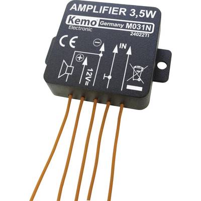 'Amplificatore 3,5W' con marchio CE, quattro cavi arancioni, etichette: 'Kemo Germany M031N', '12V', e 'IN'.